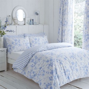 Floral Toile Stripe Blue White Double Duvet Cover Pencil Pleat