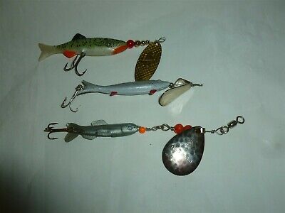 3 Vintage Soft Plastic Minnow Fishing Spinners Lot J-879 