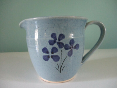 VTG Stoneware Pottery Pitcher Vase Hand Thrown Glazed Blue with Flowers ...