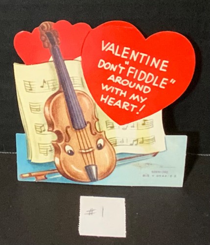 Vintage gestanzte Valentinskarte anthropomorphe Violine Don’t FIDDLE Around mit meinem Herzen - Bild 1 von 4