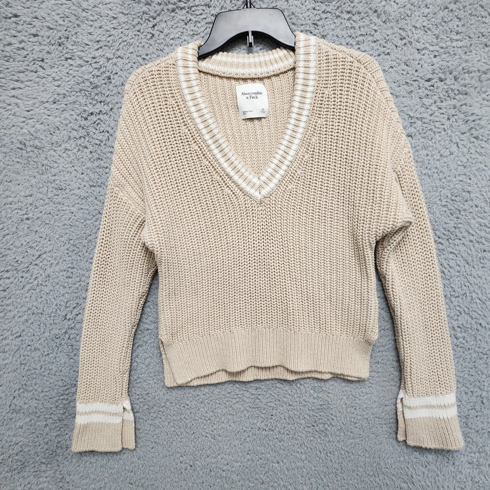 Abercrombie Fitch свитер женщин XS бежевый кабель трикотажа V шеи Y2K логотип пуловер - Изображение 2 из 4