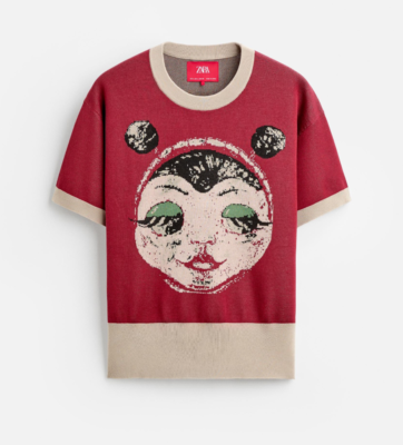 Zara x Harry Lambert Jacquard Face Knit T-Shirt Burgundy Size M