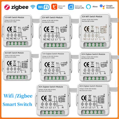 Tuya Mini WiFi Zigbee Smart Switch Module 1/2/3/4Gang Wireless Breaker Relay