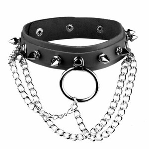Unisex_Punk Leather Adjustable Choker Necklace Neck Collar with Ring Chain &Pin Unisex_Punk Leather Adjustable Choker Necklace Neck Collar with Ring Chain &Pin