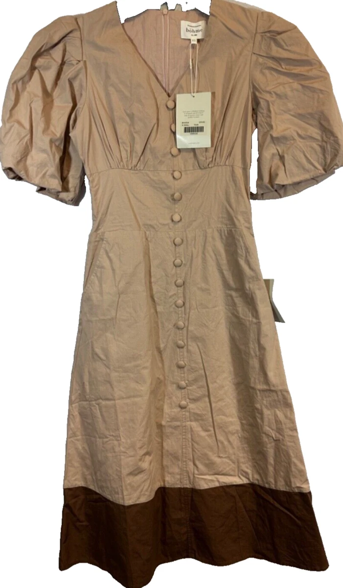 NEW Bohme Women XS Puff Sleeve V Neck Tiered Maxi Dress Nude
