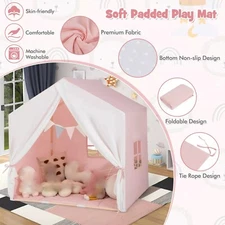 Kid��s Play Tent Toddler Playhouse Castle Solid Wood Frame w/ Washable Mat Pink