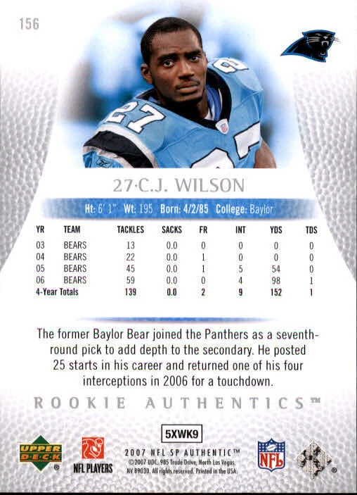 B0364- 2007 SP Authentic #156 C.J. Wilson RC /1399 - NM-MT - Image 2 of 2