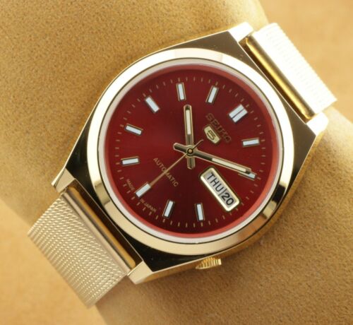 VINTAGE SEIKO 5 RED DIAL GOLDEN MENS AUTOMATIC JAPAN WORKING WRIST WATCH   | eBay