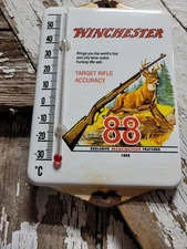 VINTAGE WINCHESTER PORCELAIN SIGN METAL THERMOMETER GUN RIFLE HUNTING AMMUNITION