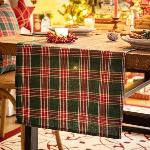 Christmas Table Runner, Winter Holiday Table Runners 72 Green Red Plaid 13x72" - Image 4 of 4