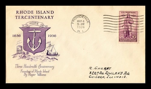US COVER RHODE ISLAND TERCENTENARY FDC SCOTT 777 GRIMSLAND CACHET