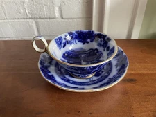 Mid 1800s Flow Blue Ironstone "Oriental" FOOTED CUP AND SAUCER