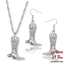 Western West Cowgirl Cowboy Texas Boots Earrings Long Boots Vintage Silver Set