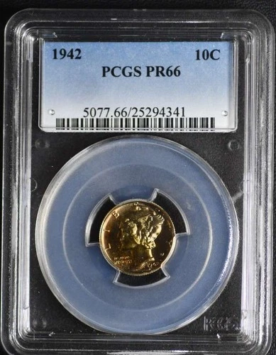 1942 Mercury Dime Proof PCGS PR66 Gold Toning