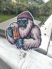 Cool Yeti Drinking A Beer Sticker - Fun and Unique Drinking Beer Vinyl Decal fo