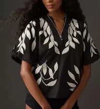 Anthropologie Puff Sleeve Embroidered Blouse Top S Leaves Vines Light USED