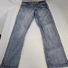 Flypaper Straight Leg Jeans Men's 32x30 Western Flap Whiskered Faded Blue Denim