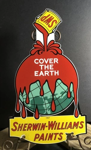 VINTAGE 1957 SHERWIN WILLIAMS PAINTS LARGE 16” PORCELAIN COVER EARTH SIGN