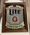 Vintage 1980 Miller Lite Cold Beer Wood Frame Mirror Bar Pub Sign Glass 22”x 29”