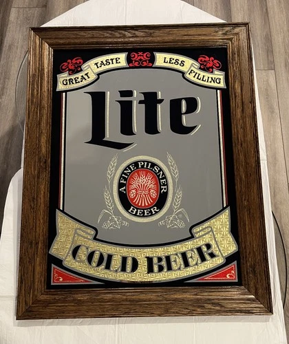Vintage 1980 Miller Lite Cold Beer Wood Frame Mirror Bar Pub Sign Glass 22”x 29”