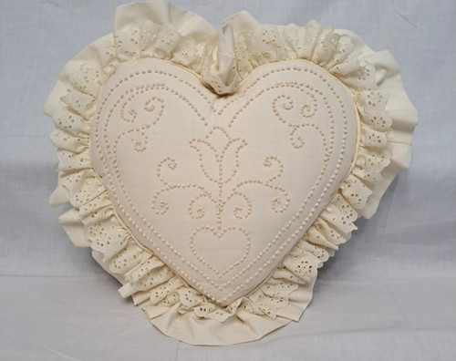 Vintage Heart Shaped Bed Pillow Candlewick Embroidered Floral Ruffled Lace Trim