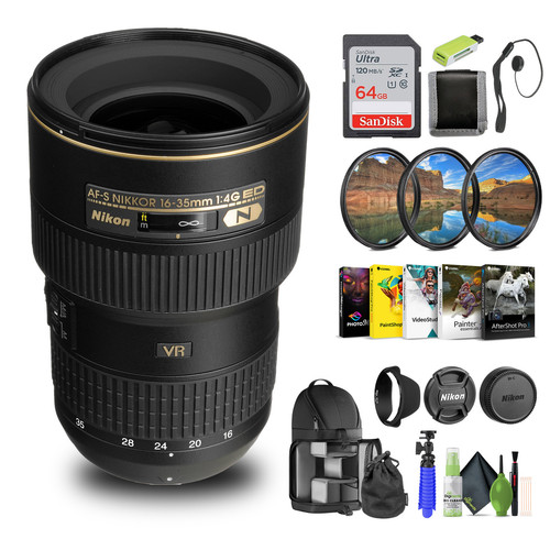 Nikon AF-S NIKKOR 16-35mm f/4G ED VR Lens (2182) + 64GB Memory Card + Filter Kit