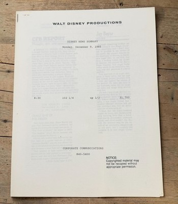 Walt Disney Productions Disney News Summary Dec 9 1985 Corporate Communications