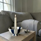 Blue and White Striped Ceramic Dinner Candle Holder Dish - Coastal Home Decor