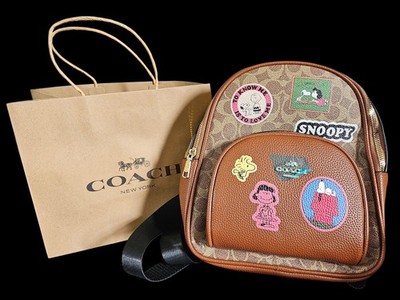 Coach Peanuts Snoopy Lucy Woodstock Brown Monogram Backpack Applique Zipper Acc 