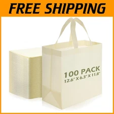 100 Pcs Beige Reusable Tote Bags - Non Woven Grocery Handles