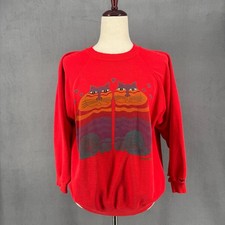 Vintage 80s 90s Laurel Burch Twin Cats Art Crewneck Sweatshirt Red L S/M Retro