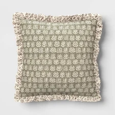 Square Block Print Reversible Pillow with Ruffle Trim Green - Threshold