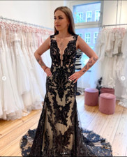 Black Lace Champagne Lining Mermaid Wedding Dresses V Neck Lace Gothic Bridal