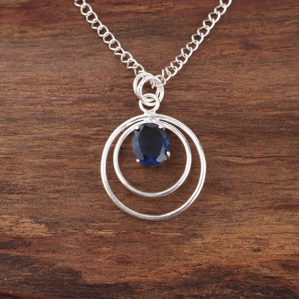 Colgante de joyería de plata de ley 925 hecho a mano con piedras preciosas de topacio azul de Londres para regalo Foto 3 de 4