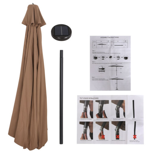 Tan 10FT Patio Solar Umbrella Patio Market Steel Tilt W/ Crank Outdoor 32LED - Picture 6 of 7