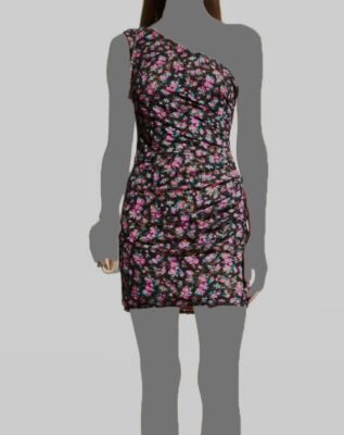 $250 Dress The Population Womens Black Floral-Print One-Shoulder Mini Dress Sz L