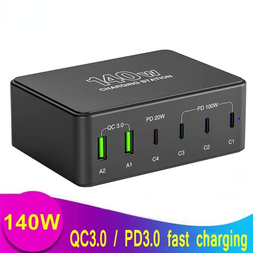 6 Ports 140W Multi USB C Ladegerät QC3.0 Typ C PD 100W Schnellladestation - Bild 3 von 9