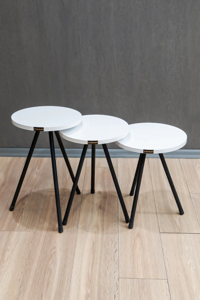 Round Metal Leg 3-Piece Nesting Table Tea Table Serving Table – White - Image 2 of 3