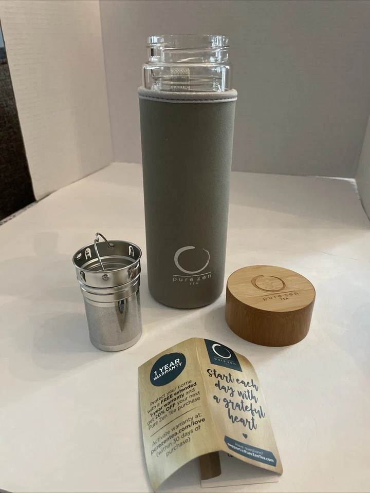 Pur Zen Tea Glass Bottle W/ Infuser Double Bamboo Lid Grey Sleeve 15 Oz - Image 2 of 4