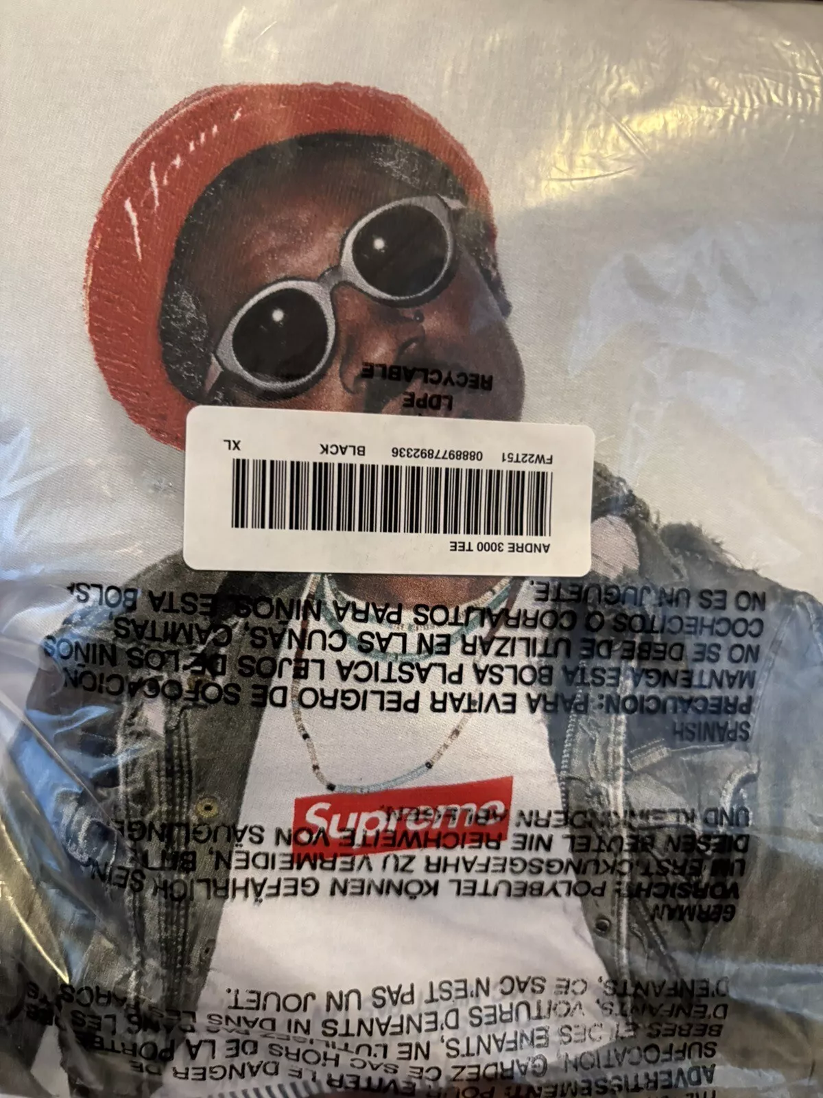 NEUF Supreme Andre 3000 Tee NOIR XL FW22 OUTCAST boîte libre logo autocollant