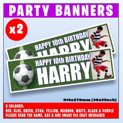 2 PERSONALISED PHOTO FOOTBALL BIRTHDAY BANNERS ANY NAME ANY AGE PITCH 36x11"