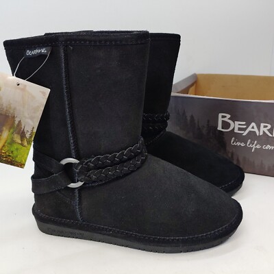 BEARPAW Adele Black Suede Boots Womens Size Slip On 1258W Faux Fur