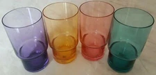 4 GLASS JUICE TUMBLERS MADE IN MEXICO LILAC YELLOW PINK AND TEAL  5 INCHES 8 OZS