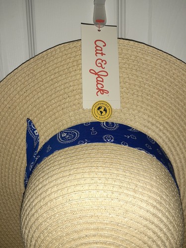 Cat Jax Girls Teen Floppy Sun Hat Natural Straw Tan Blue Ribbon Beach OS NWT - Picture 3 of 8