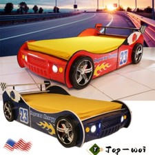 Toddler Racing Car Bed w/Lights Twin Size Floor Bed Frame for Kids Child Boys
