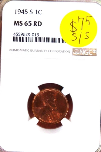 LINCOLN WHEAT CENT 1945 S/S NGC MS 65 RD BLAZING DEEP RED STUNNER
