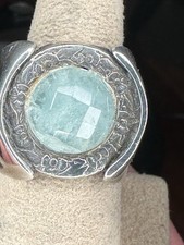 Sterling Silver 925 Faceted Opaque Blue Quartz Halo Statement Ring Sz 8.25