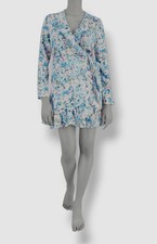 Bar III Women's Blue Floral-Print Ruffle Tie-Waist Wrap Dress Petite Size PXS