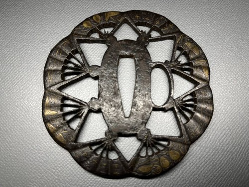 Antike japanische Tsuba Eisen Schwert Schutz Edo Periode Fächerform Sukashi Gold Intarsien - Bild 2 von 9