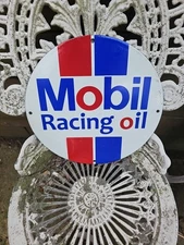 VINTAGE MOBIL RACING OIL GASOLINE PORCELAIN SIGN GAS STATION PUMP PLATE 12"..